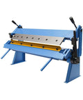 Front view of Heavy Duty 24 Inch Pan And Box Sheet Metal Brake with removable fingers, blue steel frame for precise bends in metalworking.