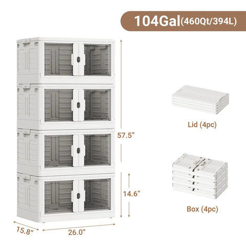4 Pack Stackable Storage Bins With Wheels And Snap Tight Lids, Heavy Duty Collapsible Organizer Boxes To Completely Knock Out Clutter, Zero Tools Required Setup, Built Rock Solid, White