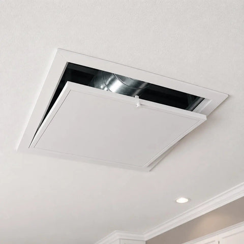 No Sweat Heavy Duty Metal Access Panel For Drywall Wall And Ceiling Concealed Hole Cover Paintable White Access Door For Attic Basement Bath 30X32 Inch, open panel revealing duct.