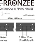 Heavy Duty Piano Hinge 48 Inch By 1.5 Inch Black Stainless Steel Continuous Hinge dimensions and mounting screw details.