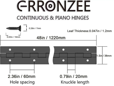 Heavy Duty Piano Hinge 48 Inch By 1.5 Inch Black Stainless Steel Continuous Hinge dimensions and mounting screw details.
