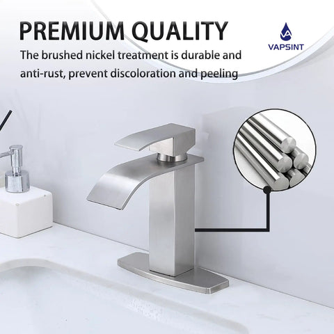 Brushed nickel faucet with waterfall spout in modern bathroom setting, showcasing durable rust-resistant finish.