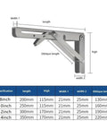 Heavy Duty Stainless Steel Folding Shelf Brackets Set - Collapsible Wall Mount L-Table Hinges, 12 inch, detailed measurements
