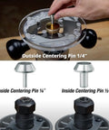 Professional Router Subbase Centering Pin And Cone Set Including Half And Quarter Inch Inside Guides Along With Quarter Outside Guide For Dead On Collet Alignment And Nailed Down Router Template Jobs - Outside pin in use on router base.