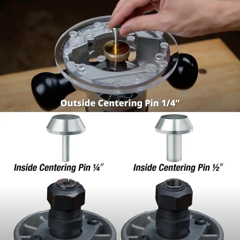Professional Router Subbase Centering Pin And Cone Set Including Half And Quarter Inch Inside Guides Along With Quarter Outside Guide For Dead On Collet Alignment And Nailed Down Router Template Jobs - Outside pin in use on router base.