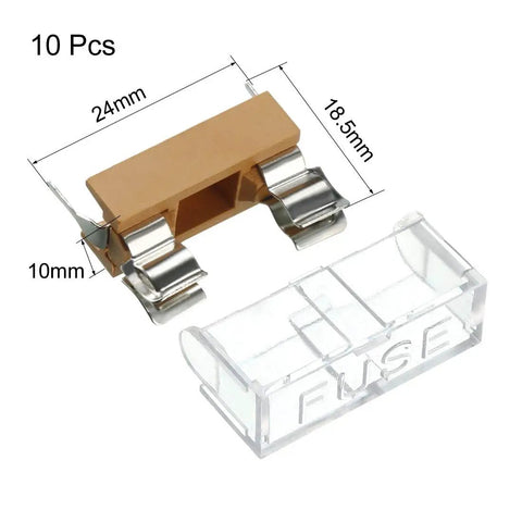 Ten Pack 5x20mm Fuse PCB Holder Panel Mount With Dual Terminals, 250V 6A, clear cover and dimensions shown