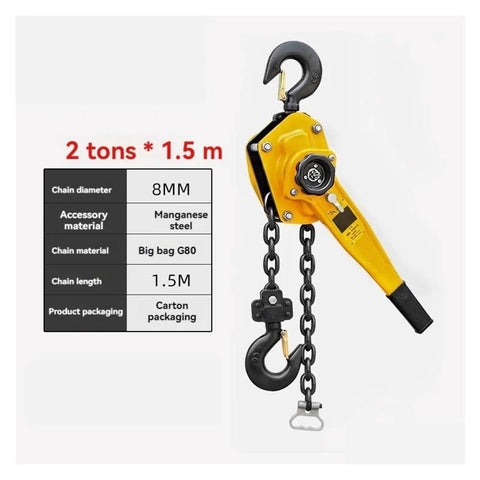 Handy Portable Hand Wrench Hoist With Tough Mn Steel Hook For Crane Wire Tensioning And Manual Lifting Projects At 2 Ton Capacity with 1.5m chain.