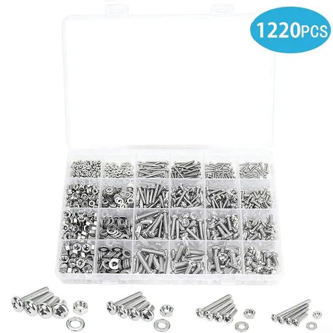 Hex Socket Bolt Kit 1220 Piece Set With Nuts, Washers And Tools In 304 Stainless Steel For Workshop Electronics Prototyping And Home Repairs in organizer box