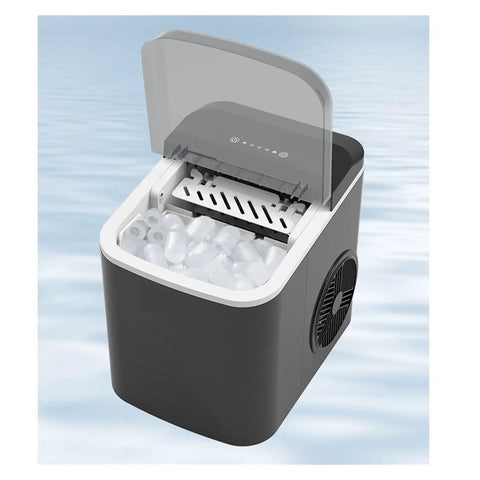 No Fuss Portable Countertop Ice Maker With Sturdy Carry Handle And Easy Self Cleaning Cycle Fast Freeze Compact Ice Machine with ice in view.
