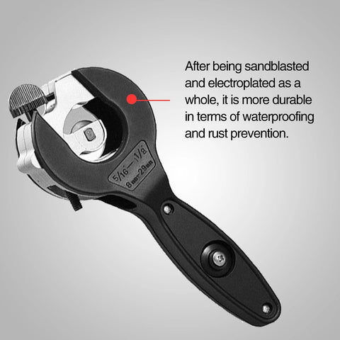 Ratchet pipe cutter 5/16 to 1-1/8 in, compact 2-in-1 tool with black handle for PVC, copper, and plastic pipes