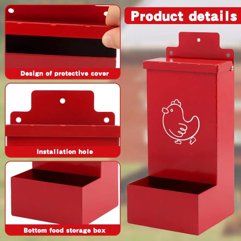 No Sweat Auto Fill Metal Chicken Grit Feeder Slick Oyster Shell Dispenser With Tight Lid showing protective cover and installation hole.