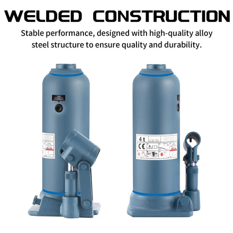 Two blue BAOSHISHAN 4-ton bottle jacks with long lift range (10-5/8 in to 24 in), shown from front and side.