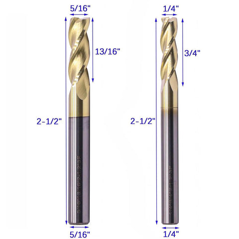 Solid Carbide End Mill Set For Aluminum, 6 Pc ZRN Coated, Beast Mode 3 Flute, shown with dimensions, front view.