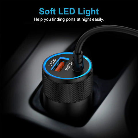 Car Charger Adapter With PD 30W USB C And 18W USB A Dual Fast Charge 2.8Ft Coiled Cable With LED light in car socket
