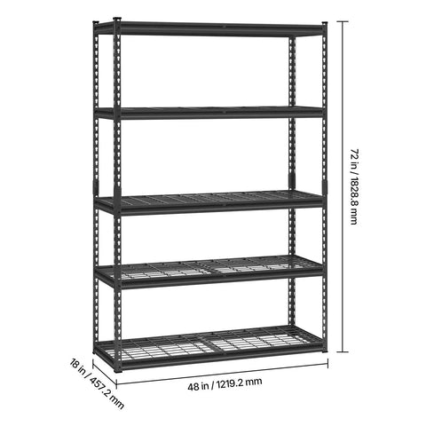 Beefy Industrial Storage Shelving Unit With 5 Tiers And 2500 Lbs Total Capacity, Adjustable Metal Garage Shelves, 18x48x72 Inch, Black