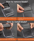 Transparent handheld mandoline slicer with 6-blade insert; shows blade removal and installation steps.