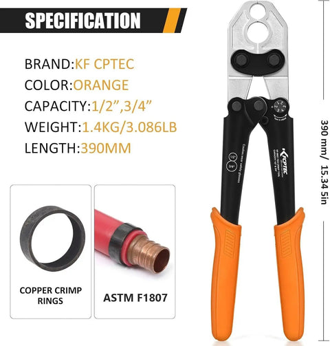 PEX Crimping Tool Kit For One Half And Three Quarter Inch PEX B Pipe With Copper Crimp Rings, Go No Go Gauge, ASTM F1807 Compliant