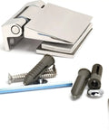 Top Shelf Heavy Duty Frameless Glass Door Hinges Constructed From Premium Corrosion Resistant 304 Stainless Steel with screws and tools.