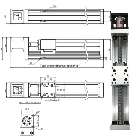 Big Shot Shaft Linear Actuator With Smooth Operator Glide Sixty Millimeter Wide Nema 23 Motor And SFU 1605 Ball Screw dimensions and design details.
