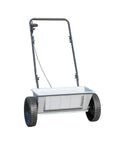 60 Pound Walk Behind Drop Spreader With 15000 Square Feet Coverage Adjustable Drop Rate Durable Composite Hopper Perfect For Fertilizer And Grass Seed Easy To Clean, shown with durable wheels and composite hopper in a side view.