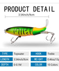 Whopper Bass Topwater Lure Kit With Floating Rotating Tail And Barb Treble Hooks, close-up of green and yellow 9cm lure