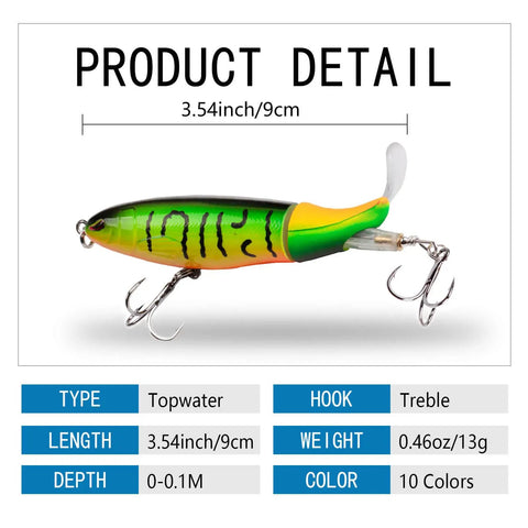 Whopper Bass Topwater Lure Kit With Floating Rotating Tail And Barb Treble Hooks, close-up of green and yellow 9cm lure
