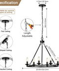 Solid Black Farmhouse Chandelier Fire Wagon Wheel Pendant Light Top Shelf Six Light Ceiling Fixture Top Tier Rustic Hanging Lamp dimensions and installation details.