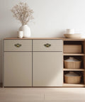 Antique Brass Ring Pull Handles For Cabinets And Drawers, Vintage Drop Ring Knobs with screws, installed on cream cabinet.