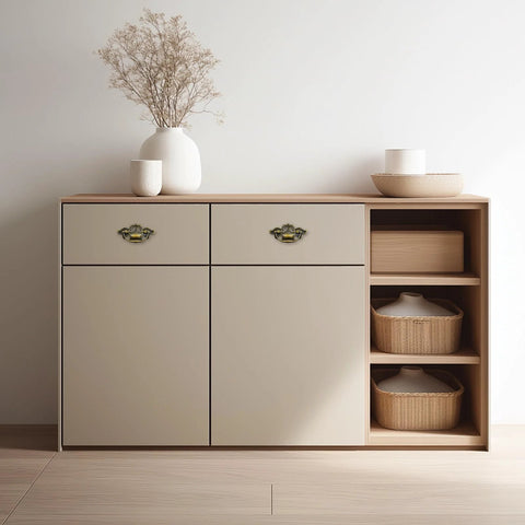 Antique Brass Ring Pull Handles For Cabinets And Drawers, Vintage Drop Ring Knobs with screws, installed on cream cabinet.