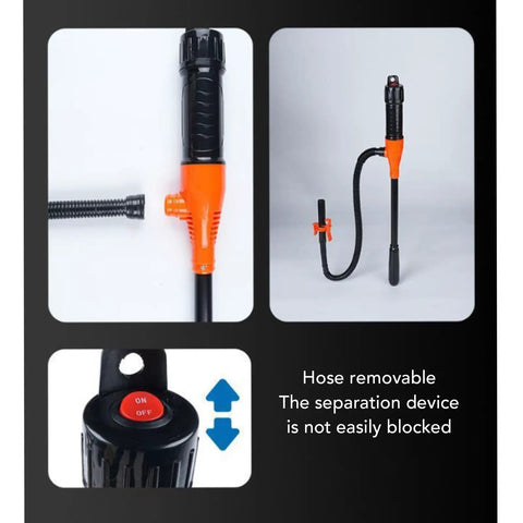 Close-up of the Cordless Portable Fuel Transfer Pump Battery Operated Gasoline Extractor showing removable hose and switch.