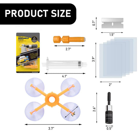 Windshield Repair Kit With Pressure Syringe For Quick Fix Of Chips Bulls Eye And Star Shaped Cracks In Auto Glass displayed with components