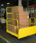 Rock Solid 54 Inch Wide Mobile Work Platform Safety Cage For Forklifts And Fork Trucks with stacked boxes for warehouse use.
