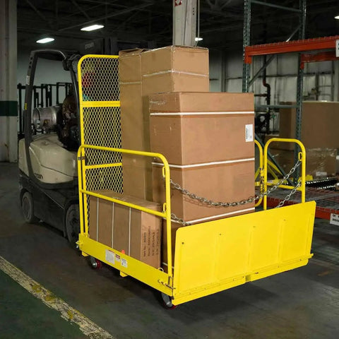 Rock Solid 54 Inch Wide Mobile Work Platform Safety Cage For Forklifts And Fork Trucks with stacked boxes for warehouse use.