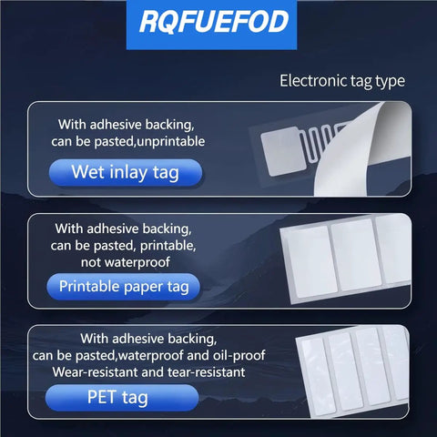 UHF RFID Tag Sticker Rewritable Adhesive Inlay Label 73x20mm ISO18000 6C EPC Class1 Gen2 showing wet, printable paper, and PET tags