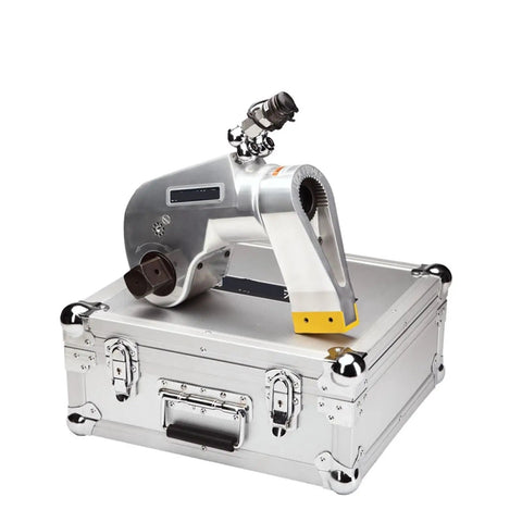 Heavy Duty Hydraulic Torque Wrench With Square Drive And 360 Degree Rotating Coupling Built Tough For Zero Backlash Bolt Work On Any Professional Job Site on a metal case.