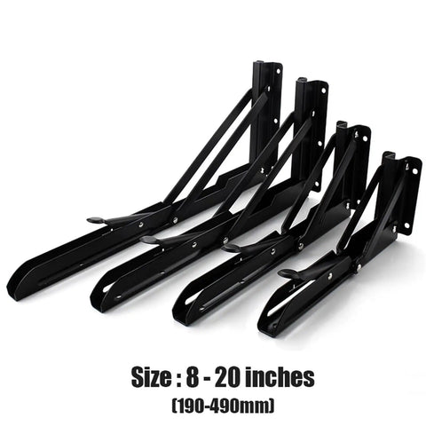 Black folding shelf brackets, 8-20 inches, metal frame, adjustable for shelving support, angled view.