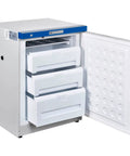 Hella Reliable Undercounter Lab Freezer With 3.2 Cubic Foot, visible open drawers and digital thermostat display.