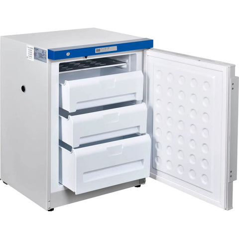 Hella Reliable Undercounter Lab Freezer With 3.2 Cubic Foot, visible open drawers and digital thermostat display.