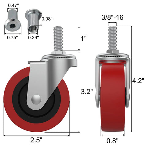 4 Pack Heavy Duty Swivel Caster Wheels 2.5 Inch Diameter with threaded stem and ball bearings for rolling shop carts.