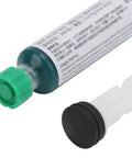 Close-up of green solder resist ink tube with cap, part of Liquid Solder Paste For Electronics, Solder Mask Ink Flux Paste With UV Light Curing.