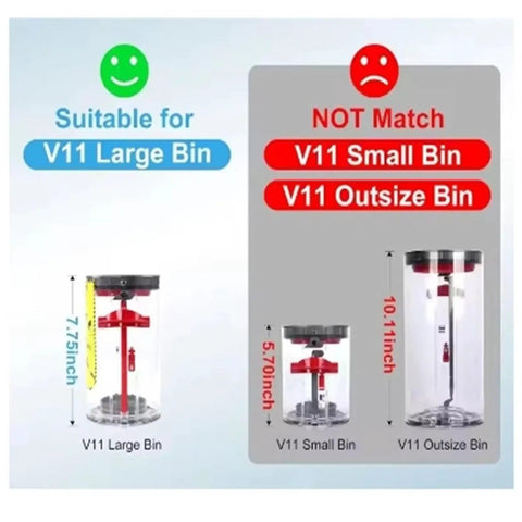 Comparison image showing Beefy Capacity Dust Bin Replacement for V11 Large Bin vs. V11 Small and Outsize Bins for compatibility