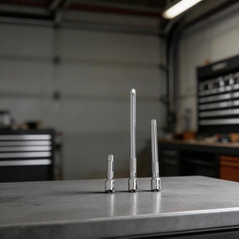 Pro Grade Chrome Vanadium Socket Extension Set With One Quarter Inch, Three Eighths Inch And One Half Inch Wobble Extensions on table