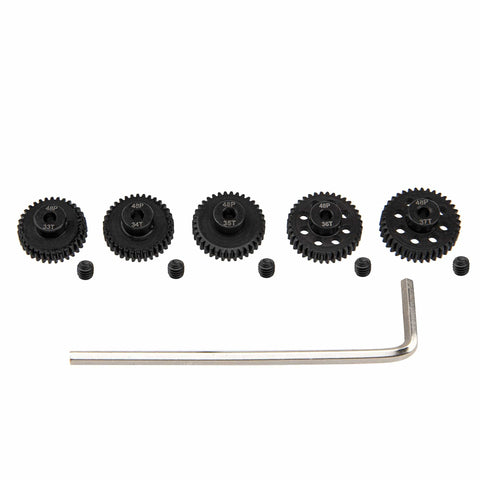 Five Pack Steel 48P Pinion Gear Sets For 3.175mm Shafts 33T 34T 35T 36T 37T Hardened One Eighth Inch with hex key and screws