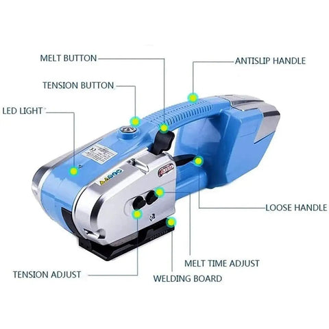 Dfedhf Electric Strapping Machine Automatic Welding Tool For Pp Pet Straps side view highlighting controls, stainless steel welding board, ergonomic handle.
