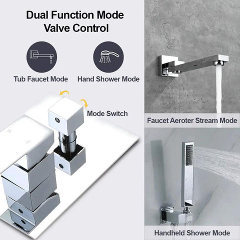 Wall Mounted Bathtub Faucet With Handheld Shower Solid Brass High Flow Tub Filler With 180 Degree Swivel Spout And Sprayer CUPC Certified Chrome Finish featuring dual function valve controls, showing aerator stream mode and handheld shower mode.