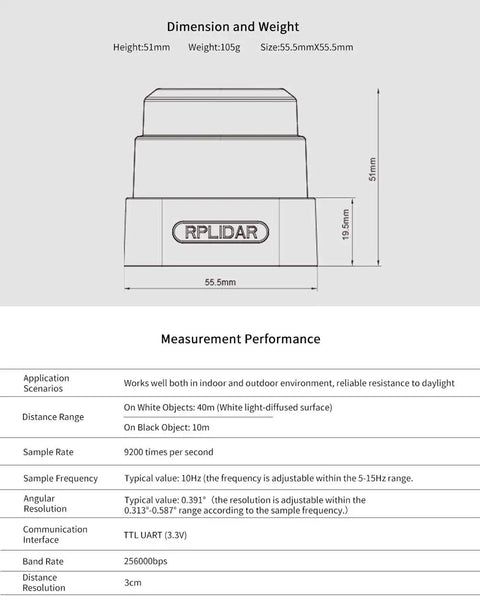 Dimensions and specs of Budget Friendly 360 Degree RPLIDAR S1 TOF Lidar Sensor With 40 Meter Range for obstacle avoidance and navigation