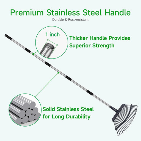 Heavy Duty 72 Inch Expandable Leaf Rake With 25 Reinforced Tines And Stainless Steel Handle 18 Inch Wide Garden Rake Display