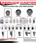 Heavy Duty Semi Steel Swivel Casters Set Of 4 With Rock Solid Cast Iron Frames and Silver Wheels specifications chart.
