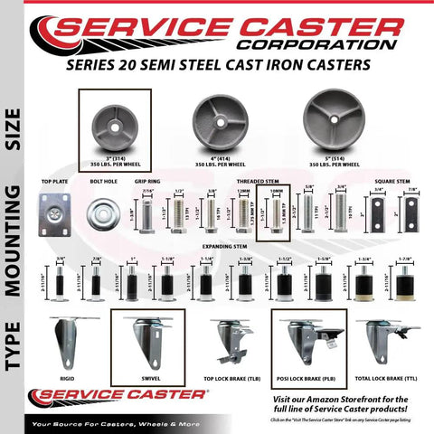 Heavy Duty Semi Steel Swivel Casters Set Of 4 With Rock Solid Cast Iron Frames and Silver Wheels specifications chart.