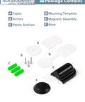 Package contents for Matte Black Magnetic Door Stopper Holds Interior Doors Firmly Open including screws, tapes, magnets and anchors.